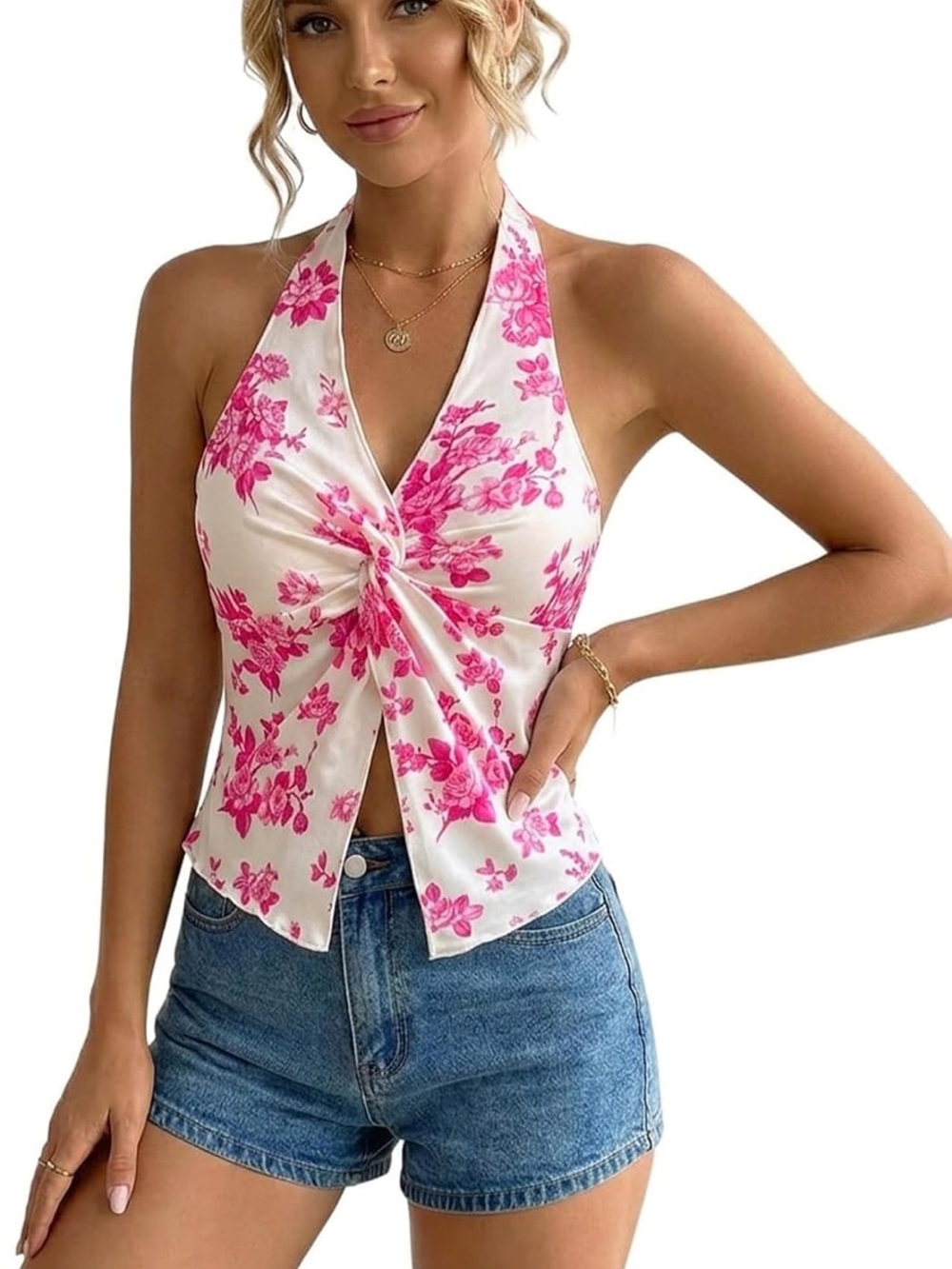 Floral Halter Tie-Front Crop Top